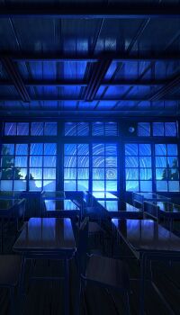 absurdres chair classroom dark desk highres indoors long_exposure night night_sky no_humans original reflective_ceiling reflective_table scenery school_chair school_desk sky smile_(qd4nsvik) star_(sky) star_trail starry_sky table window wooden_chair wooden_floor wooden_table