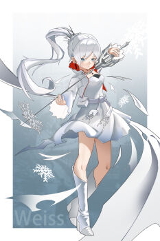 1girl absurdres blue_eyes boots breasts closed_mouth dress floating_hair full_body high_ponytail highres holding holding_sword holding_weapon jewelry long_hair longwatry looking_at_viewer myrtenaster pendant ponytail rwby sash scar scar_across_eye scar_on_face small_breasts snowflakes solo standing sword very_long_hair weapon weiss_schnee white_boots white_dress white_hair white_sash
