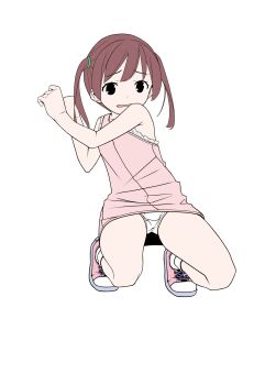 1girl bare_shoulders brown_hair dress full_body highres original panties pantyshot pop_(electromagneticwave) sleeveless solo squatting twintails underwear white_panties