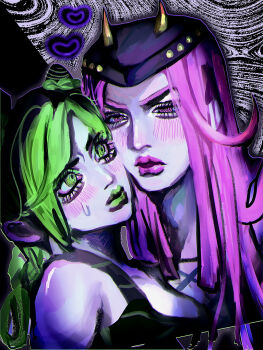 Rule 34 | 1boy, 1girl, b l ililil, blush, commentary request, couple, double bun, fishnet top, fishnets, green lips, hair bun, highres, horned hat, jojo no kimyou na bouken, kuujou jolyne, leaning on person, lipstick, makeup, narciso anasui, spider web print, stone ocean