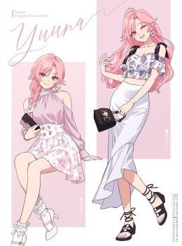 1girl :d ;d bare_shoulders black_shoes braid breasts cleavage closed_mouth clothing_cutout collarbone commentary_request commission floral_print floral_print_shirt floral_print_skirt full_body hair_over_shoulder head_tilt high_heels highres long_hair long_skirt long_sleeves looking_at_viewer medium_breasts midriff miniskirt moya_(toatomoot) multiple_views one_eye_closed open_mouth original pink_shirt print_skirt shirt shoes short_sleeves shoulder_cutout skeb_commission skirt smile socks standing white_background white_shirt white_shoes white_skirt white_socks