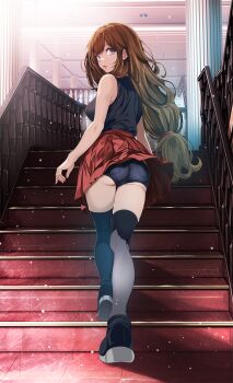 1girl arms_at_sides ass bare_arms bare_shoulders black_shirt black_shoes black_shorts black_thighhighs blue_eyes breasts brown_hair from_behind full_body highres indoors large_breasts long_hair looking_at_viewer looking_back low-tied_long_hair nintendo pokemon pokemon_xy serena_(pokemon) shirt shirt_tucked_in shoes short_shorts shorts shorts_under_skirt sleeveless sleeveless_shirt sneakers solo stairs thighhighs tsukishiro_saika underbutt very_long_hair walking wind wind_lift