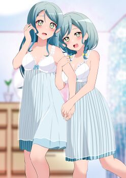 Rule 34 | 2girls, absurdres, aqua hair, arm grab, bang dream!, blurry, blurry background, braid, commentary request, commission, depth of field, hand in own hair, highres, hikawa hina, hikawa sayo, indoors, kisaragi setsu (mssk8485), long hair, looking at viewer, matching outfits, medium hair, multiple girls, nightgown, open mouth, partial commentary, pixiv commission, siblings, side braids, sisters, sleepwear, smile, standing, twin braids, yellow eyes