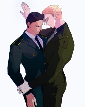 2boys absurdres alternate_costume ao_isami bara black_hair blonde_hair couple cowboy_shot facial_hair from_side half-closed_eyes highres large_pectorals lewis_smith llld_(2ldk1241) male_focus military_uniform multiple_boys necktie pants pectorals profile pulling short_hair sideburns_stubble smile standing stubble thick_eyebrows yaoi yuuki_bakuhatsu_bang_bravern