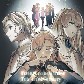 4girls 5boys aged_down ahoge anniversary ascot braid brooch capelet chaldea_logo chaldea_uniform closed_mouth coat commentary_request copyright_name crying crying_with_eyes_open doro_(kura-chou) duston_(fate) english_text fate/grand_order fate_(series) fujimaru_ritsuka_(male) hair_between_eyes hair_over_shoulder hair_ribbon hands_up hood hooded_jacket jacket jewelry kirschtaria_wodime leonardo_da_vinci_(caster)_(fate) leonardo_da_vinci_(fate) light_particles long_hair long_sleeves looking_ahead looking_at_another marisbury_animusphere mash_kyrielight medium_hair multiple_boys multiple_girls olga_marie_animusphere open_mouth pants parted_bangs ponytail ribbon ribbon_braid romani_archaman sepia shirt short_hair single_braid skirt smile standing sylvia_(fate) tears