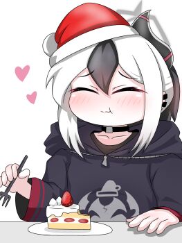 Rule 34 | 1girl, :t, = =, black choker, black hair, black hoodie, black horns, blue archive, blush, cake, cake slice, choker, closed eyes, closed mouth, collarbone, commentary request, demon girl, demon horns, doodle sensei (blue archive), ear piercing, eating, food, food on face, fork, fur-trimmed headwear, fur trim, grey halo, hair between eyes, halo, hat, heart, highres, holding, holding fork, hood, hood down, hoodie, horns, kayoko (blue archive), long sleeves, medium hair, mole, mole on collarbone, multicolored hair, piercing, ponytail, red hat, santa hat, sensei (blue archive), simple background, solo, tomimon, translation request, two-tone hair, white background, white hair