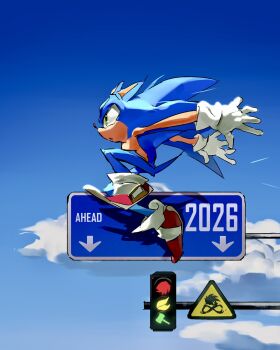 1boy 2026 :o afajiao animal_ears animal_nose blue_fur blue_sky cloud emblem from_side full_body furry furry_male gloves hammer hedgehog_boy highres male_focus midair new_year outdoors parted_lips profile red_shoes road_sign shoes short_tail sign sky sonic_(series) sonic_the_hedgehog tail traffic_light white_gloves