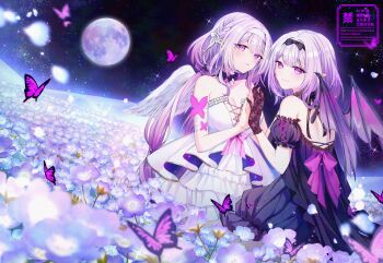 2girls annerica bare_shoulders black_bow black_dress black_gloves black_sleeves blush bow breasts bug butterfly castorice_(honkai:_star_rail) cleavage closed_mouth commentary_request detached_sleeves dress feathered_wings field flower flower_field full_moon gloves hair_between_eyes hair_bow highres honkai:_star_rail honkai_(series) insect long_hair looking_at_viewer moon multiple_girls night outdoors parted_lips pointy_ears polyxia_(honkai:_star_rail) purple_butterfly purple_eyes purple_flower purple_hair sky smile star_(sky) starry_sky strapless strapless_dress very_long_hair white_dress white_wings wings