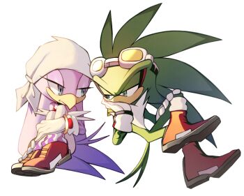 1boy 1girl bandana beak bird_boy bird_girl blue_eyes furry gloves goggles goggles_on_head jet_the_hawk pants print_pants shoes simple_background sitting sneakers sonic_(series) sonic_riders_(series) tail theadamay1 wave_the_swallow white_background white_bandana