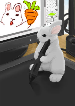 animal cable commentary_request drawing_(action) drawing_tablet lilac_(p-f_easy) monitor no_humans original rabbit rearing stylus user_interface white_rabbit_(animal)