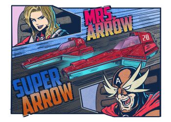 1boy 1girl :d action aircraft artist_name blonde_hair blue_eyes bodysuit border brown_bodysuit cape character_name close-up f-zero f-zero_gx flying_car highres hover_vehicle jrcomicart king_meteor lips mask motion_lines mrs._arrow nintendo open_mouth queen_meteor race_vehicle red_bodysuit red_cape revision science_fiction smile speed_lines super_arrow superhero_costume teeth vehicle_focus white_border