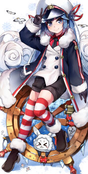1girl absurdres aqua_eyes aqua_hair bird black_coat black_gloves black_necktie black_shorts blush coat crab fur-trimmed_coat fur-trimmed_sleeves fur_trim gloves gradient_hair grey_eyes hair_between_eyes hair_ornament hair_ribbon hat hatsune_miku heart heart_in_eye highres jacket long_hair long_sleeves looking_at_viewer marutenmaruten multicolored_hair necktie official_alternate_costume official_alternate_hairstyle open_mouth penguin rabbit rabbit_yukine red_hair red_ribbon red_shirt ribbon sailor_hat sea_angel seagull seal_(animal) shirt short_shorts shorts smile snowflake_print striped_clothes striped_thighhighs symbol_in_eye thick_thighs thighhighs thighs twintails v very_long_hair vocaloid white_hair white_jacket yuki_miku yuki_miku_(2022) zettai_ryouiki