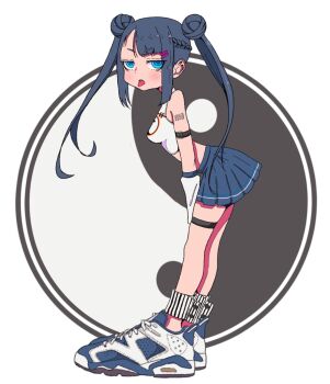 1girl ankle_garter arm_strap arm_warmers asymmetrical_bangs barcode barcode_tattoo bare_shoulders blue_eyes blue_skirt braid cropped_shirt double_bun from_side full_body grey_hair hair_bun hair_ornament hairclip highres jitome leaning_forward long_hair looking_at_viewer looking_to_the_side miniskirt nao97122 open_mouth original pleated_skirt ringed_eyes shirt shoes sidelocks skirt sleeveless sleeveless_shirt sneakers solo standing tattoo thigh_strap tight_clothes tight_shirt tongue tongue_out twintails white_arm_warmers white_shirt yin_yang