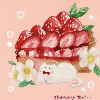 Rule 34 | acrylic gouache (medium), animal, cat, english text, flower, food, food focus, fruit, fruit tart, leaf, no humans, original, painting (medium), pink background, strawberry, strawberry tart, tart (food), traditional media, undersized animal, watercolor (medium), white flower, yuuki hana (jtnp5334)