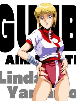 Rule 34 | 1girl, blonde hair, blue eyes, character name, closed mouth, copyright name, cowboy shot, freckles, hands on own hips, highres, leotard, looking down, m o (prftz), pink leotard, short hair, short sleeves, simple background, smile, solo, standing, top wo nerae!, top wo nerae! (series), white background, wristband, yamamoto linda