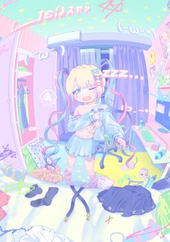 1girl absurdres bed bedroom black_skirt black_socks blonde_hair blue_bow blue_eyes blue_hair blue_serafuku blue_shirt blue_skirt blush bottle bow bra chair chouzetsusaikawa_tenshi-chan closet clothes_hanger clothes_on_floor commentary_request computer computer_keyboard computer_mouse curtains emoticon gradient_hair hair_bow hair_ornament heart heart_hair_ornament highres indoors long_hair long_sleeves looking_at_viewer monitor multicolored_hair multiple_hair_bows navel needy_girl_overdose one_eye_closed open_mouth pien_cat_(needy_girl_overdose) pink_bow pink_bra pink_hair pink_slippers pink_socks pleated_skirt poster_(object) purple_bow purple_hair quad_tails ringed_eyes sailor_collar school_uniform serafuku shirt skirt slippers socks solo speech_bubble spoken_squiggle squiggle standing star_(symbol) swivel_chair underwear undressing very_long_hair water_bottle wavy_mouth window wotoha yellow_bow zzz