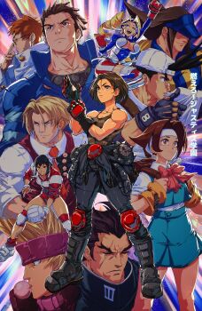 Rule 34 | 4girls, 6+boys, absurdres, ayuhara natsu, backpack, bag, baseball cap, biker clothes, bikesuit, bodysuit, breasts, cleavage, david liu, gloves, hat, headband, highres, ichimonji batsu, justice gakuen, kagami kyosuke, kazama akira, kazama daigo, knee pads, moero! justice gakuen, multiple boys, multiple girls, muscular, muscular female, roberto miura, roy bromwell, sawamura shoma, scar, standing, tiffany lords, visor cap, volleyball, wakaba hinata, edge (justice gakuen)