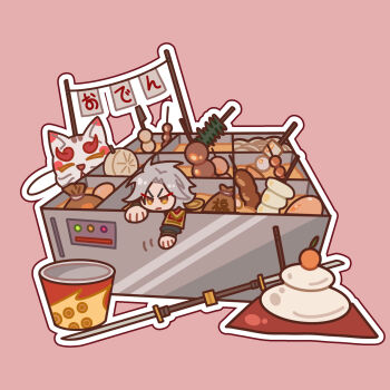 1boy brown_eyes chibi chibi_only food frown grey_hair highres hoshi_take33 in_food male_focus nagamaki oversized_food oversized_object polearm reaching red_background sanada_nobuyuki_(sengoku_musou) sengoku_musou simple_background solo v-shaped_eyebrows weapon