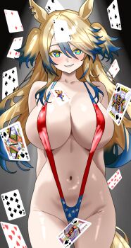 Rule 34 | + +, 1girl, alternate costume, american flag, american flag bikini, american flag print, animal ears, bikini, blonde hair, blue eyes, blue hair, blush, card, collarbone, commentary request, cowboy shot, ear ornament, eight of hearts, five of clubs, flag print, flag print bikini, four of diamonds, groin, haiwo, highres, horse ears, horse girl, horse tail, jack (playing card), jack of spades, king (playing card), king of spades, long hair, multicolored hair, navel, nine of hearts, obey your master (umamusume), playing card, print bikini, queen (playing card), queen of spades (playing card), seven of clubs, sidelocks, six of clubs, slingshot swimsuit, smile, solo, streaked hair, swimsuit, tail, ten of spades, three of diamonds, tracen swimsuit, two of diamonds, umamusume, umamusume: cinderella gray, very long hair