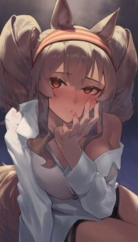 1girl absurdres alternate_breast_size alternate_costume angelina_(arknights) animal_ears arknights artist_name black_shorts blush breasts brown_hair closed_mouth commentary dot_mouth dot_nose english_commentary fox_ears fox_girl fox_tail hairband hand_on_own_face highres large_breasts leaning_forward long_hair long_sleeves looking_at_viewer loose_clothes loose_shirt mkrk_mikaerukung off_shoulder pink_nails red_eyes red_hairband shirt short_shorts shorts solo steaming_body striped_clothes striped_hairband tail twintails white_shirt