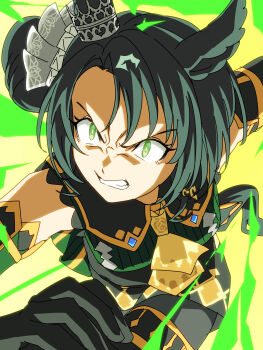 1girl absurdres animal_ears ascot baasaku_(balasaku24) black_gloves black_hair black_pantyhose black_shorts black_suspenders breasts commentary_request crown_ornament ear_through_crown elbow_gloves gloves green_eyes green_sweater hair_between_eyes highres horse_ears horse_girl horse_tail long_hair medium_breasts multicolored_hair necktie open_mouth pantyhose ribbed_sweater running satono_crown_(emerald_journey)_(umamusume) satono_crown_(umamusume) shorts side_ponytail sleeveless sleeveless_sweater solo streaked_hair suspender_shorts suspenders sweater tail teeth umamusume upper_teeth_only white_hair yellow_ascot yellow_necktie