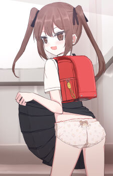 1girl animal_print ass back-print_panties backpack bag bear_print bear_print_panties black_ribbon black_skirt blush brown_eyes brown_hair clothes_lift clothes_writing crime_prevention_buzzer eyes_visible_through_hair floral_print from_behind hair_ribbon loli long_hair looking_at_viewer looking_back open_mouth original panties pink_panties print_panties randoseru ribbon school_uniform shirt shooko short_sleeves skirt skirt_lift smile standing twintails underwear white_shirt