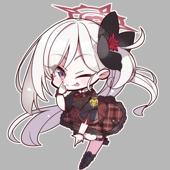 1girl ;p absurdres akanbe black_boots black_flower black_shirt blue_archive blush boots chibi chibi_only closed_mouth commentary_request derivative_work dutch_angle eyelid_pull eyes_visible_through_hair floating_hair flower frilled_skirt frills full_body grey_background grey_hair hair_behind_ear hair_between_eyes hair_flower hair_ornament halo hand_up high-waist_skirt highres long_hair looking_at_viewer mutsuki_(blue_archive) nckak9rjjdjff4e neck_ribbon one_eye_closed outline plaid_clothes plaid_skirt red_eyes red_halo red_ribbon red_skirt ribbon school_uniform shirt short_sleeves side_ponytail simple_background skirt smile solo standing standing_on_one_leg thigh_strap tongue tongue_out tsurime v-shaped_eyebrows very_long_hair white_outline
