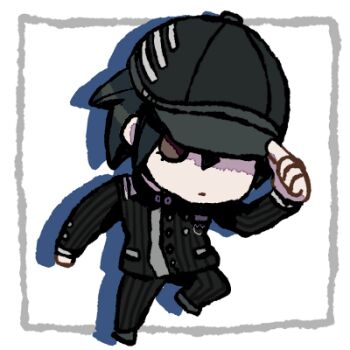 1boy baseball_cap black_hair black_hat black_jacket black_pants black_shoes breast_pocket brown_eyes buttons chibi clenched_hand closed_mouth collared_jacket commentary_request crest danganronpa_(series) danganronpa_v3:_killing_harmony determined double-breasted dress_shoes drop_shadow eyelashes frown gakuran hair_between_eyes hand_on_headwear hat high_collar jacket knee_up layered_sleeves long_sleeves lowres male_focus na_no_(nanoatm) one-eyed outside_border pale_skin pants picture_frame pinstripe_jacket pinstripe_pants pinstripe_pattern pocket saihara_shuichi school_uniform shoes short_hair solo standing transparent_background