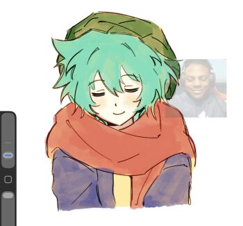 Rule 34 | beanie, blush, closed eyes, closed mouth, green hair, hat, highres, hiyori sou, ishowspeed trying not to laugh (meme), jacket, kimi ga shine, light smile, long sleeves, meme, portrait, purple jacket, red scarf, scarf, shirt, short hair, smile, starmksz, watercolor effect, white background, yellow shirt