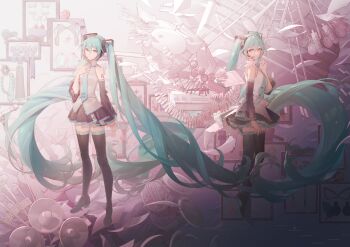 Rule 34 | 2girls, aqua eyes, aqua hair, aqua necktie, arm tattoo, black boots, black skirt, boots, collared shirt, commentary, detached sleeves, dual persona, french horn, full body, guitar, hatsune miku, hatsune miku happy 16th birthday -dear creators-, headset, highres, instrument, light smile, long hair, looking at viewer, megaphone, microphone, microphone stand, multiple girls, multiple neckties, necktie, page number, paint palette, paintbrush, piano, pink background, pleated skirt, scissors, shirt, shuno (xiaonuo), skirt, sleeveless, sleeveless shirt, tattoo, thigh boots, thighhighs, tie clip, trombone, twintails, very long hair, vocaloid, zettai ryouiki