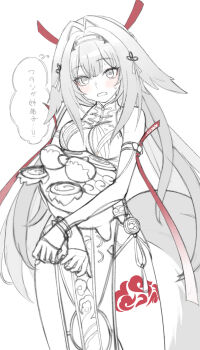 1girl animal_ears bangboo_(zenless_zone_zero) bare_shoulders blush breast_press breasts brown_hair china_dress chinese_clothes dress elbow_gloves gloves hair_ornament highres large_breasts long_hair red_eyes simple_background speech_bubble tsukimi_yaya underboob ye_shunguang zenless_zone_zero