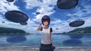 1girl absurdres an_yb blue_eyes blue_skirt blue_sky blue_theme commentary cowboy_shot hair_between_eyes hair_intakes hand_on_own_head headphones highres holding_cassette_player layered_skirt light_smile looking_at_viewer low_ponytail medium_hair original outdoors ponytail purple_hair reflection reflection_focus scenery shirt shore short_sleeves skirt sky solo standing symbol-only_commentary two-tone_shirt ufo water white_shirt