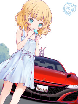 1girl absurdres aqua_eyes artist_name bare_arms bare_legs bare_shoulders blonde_hair blue_bow blue_dress blunt_bangs blush bow car child collarbone commentary_request dress dutch_angle feet_out_of_frame finger_in_own_mouth flat_chest food french_text furrowed_brow gochuumon_wa_usagi_desu_ka? hand_to_own_mouth highres holding holding_food holding_popsicle kirima_syaro license_plate medium_hair motor_vehicle no_mouth outdoors popsicle red_car signature simple_background sleeveless sleeveless_dress solo standing strap suika_hiragi sundress tree vehicle_request wavy_hair white_background wild_geese
