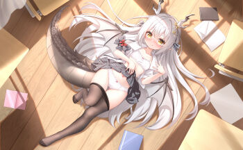 Rule 34 | 1girl, absurdres, antlers, black pantyhose, blush, bra, brown eyes, chair, checkered clothes, checkered skirt, closed mouth, clothes lift, clothes pull, commentary request, desk, dragon girl, dragon tail, dragon wings, flat chest, full-face blush, full body, gluteal fold, highres, horns, knee up, large variant set, licking lips, long hair, lying, navel, notebook, on back, on floor, original, panties, pantyhose, pantyhose pull, qian hen, school chair, school desk, school uniform, shirt, skirt, skirt lift, smile, solo, tail, toes, tongue, tongue out, underwear, variant set, very long hair, white bra, white hair, white panties, white shirt, wings