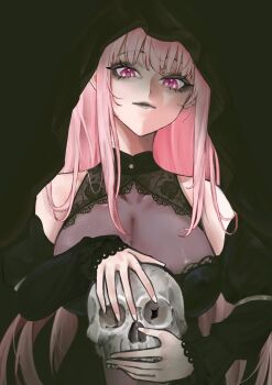 1girl absurdres black_background black_dress black_eyeshadow black_hood black_lips blush breasts cleavage closed_mouth dark_background dress eyeshadow goth_fashion highres holding holding_skull hololive hololive_english hood hood_up large_breasts lipstick long_hair long_sleeves looking_at_viewer makeup mori_calliope pink_eyes pink_hair red_eyes simple_background skull smile solo upper_body virtual_youtuber walkerdoggo white_nails