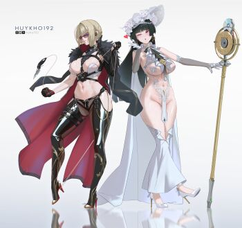 2girls absurdres adapted_costume armpit_crease astra_yao bare_hips black_gloves black_hair blonde_hair blue_eyes breasts clothing_request coat elbow_gloves evelyn_chevalier full_body gloves gradient_background groin hair_bun hairband half_gloves hashtag-only_commentary high_heels highres holding holding_microphone_stand huykho192 jewelry knife large_breasts long_hair looking_at_viewer microphone microphone_stand multiple_girls navel pixiv_logo red_eyes revealing_clothes shiny_skin sidelocks single_glove single_half_glove skindentation solo stomach sunglasses tachi-e thick_thighs thighs tsurime twitter_x_logo uneven_bangs zenless_zone_zero
