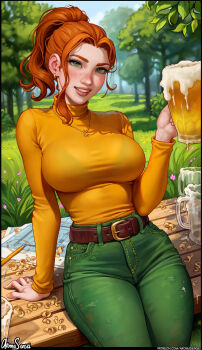 1girl absurdres alcohol arm_support aroma_sensei beer beer_mug belt bench blue_sky bra_visible_through_clothes bralines breasts cup freckles grass green_eyes green_pants grin highres jewelry large_breasts lips looking_at_viewer mug necklace nose orange_hair pants paper pencil ponytail ring robin_(stardew_valley) sitting sky smile solo stardew_valley tree wood_shavings
