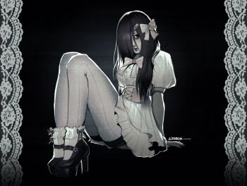 1girl black_background black_hair black_shoes black_shorts border bow bowtie breasts commentary dead_by_daylight dress english_commentary full_body greyscale hair_bow hair_ornament hair_over_one_eye hair_over_shoulder hairclip high_heels highres lace lace_border long_hair looking_at_viewer medium_breasts monochrome ornate_border puffy_short_sleeves puffy_sleeves shoes short_dress short_sleeves shorts shorts_under_dress sitting socks solo the_ring twitter_username underbust white_dress white_socks yamamura_sadako zombiyh