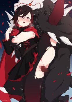 1girl bestiality black_hair breasts cape censored cloak clothed_sex corset deep_skin dress furry furry_male grabbing_another's_breast gradient_hair grey_eyes grimm_(rwby) groping heart heart-shaped_pupils highres hood hooded_cloak interspecies leg_up medium_breasts monster mosaic_censoring multicolored_hair nipples pantyhose penis petals red_cape red_hair rose_petals ruby_rose rwby sex short_hair solo_focus standing standing_sex symbol-shaped_pupils torn_clothes torn_pantyhose unsfrau vaginal