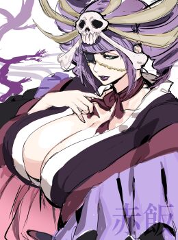 1girl absurdres bleach bleach:_sennen_kessen-hen blue_eyes breasts cleavage eyepatch female_focus highres huge_breasts katen_kyoukotsu lips lipstick looking_at_viewer makeup medium_hair purple_hair sekihan_(6kihan) skull_and_crossbones solo upper_body zanpakutou_(spirit)
