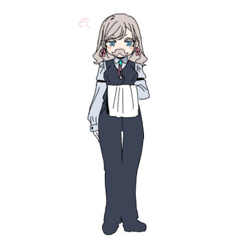 Rule 34 | 1girl, alternate costume, black pants, black vest, blue eyes, blush stickers, breasts, butler, ceras yanagida lilienfeld, collared shirt, commentary request, fake facial hair, fake mustache, female butler, full body, grey hair, grey shirt, hair ribbon, holding, large breasts, link! like! love live!, long hair, long sleeves, looking at viewer, love live!, pants, pink ribbon, puff of air, ribbon, shinanoya (satanicad), shirt, simple background, solo, standing, straight-on, vest, virtual youtuber, wavy hair, white background