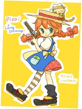 apple apron bloomers boots braid character_name child copyright_name food fruit full_body garter_straps green_eyes gun handgun hat highres long_hair monkey mr._neilson orange_hair pippi_longstocking pippi_longstocking_(series) smile striped_clothes striped_thighhighs sun_hat swedish_text thighhighs twin_braids underwear weapon yellow_background yukke