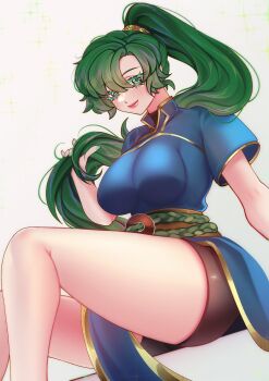 1girl absurdres bike_shorts blue_dress breasts dress fire_emblem fire_emblem:_the_blazing_blade green_eyes green_hair high_ponytail highres large_breasts long_hair looking_at_viewer lyn_(fire_emblem) nintendo ponytail simple_background sitraell sitting smile