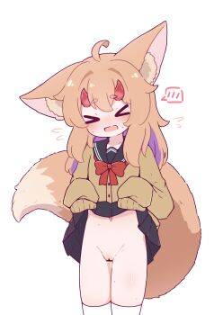 &gt;_&lt; 1girl ahoge animal_ear_fluff animal_ears bar_censor black_sailor_collar black_skirt cardigan censored clothes_lift commentary english_commentary fox_ears fox_girl fox_tail groin highres kurotofu lifting_own_clothes loli long_hair no_panties open_mouth original pussy sailor_collar school_uniform simple_background skirt skirt_lift sleeves_past_wrists solo tail thighhighs white_background white_thighhighs