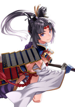 1girl armor asymmetrical_clothes asymmetrical_sleeves black_hair black_hat blue_eyes blue_gloves blue_panties breast_curtains breasts closed_mouth commentary_request detached_sleeves fate/grand_order fate_(series) feather_hair_ornament feathers gloves hair_bun hair_ornament hat highres japanese_armor katana kusazuri long_hair looking_at_viewer medium_breasts mismatched_sleeves panties parted_bangs porikeracchou rope sheath shoulder_armor side_ponytail sideboob sidelocks simple_background single_side_bun smile sode solo sword tate_eboshi underwear ushiwakamaru_(fate) ushiwakamaru_(second_ascension)_(fate) very_long_hair weapon white_background white_sleeves wide_sleeves