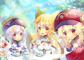 3girls :d :o :q ahoge animal_ear_fluff animal_ears arm_guards bare_shoulders blonde_hair blue_dress blurry blurry_background blurry_foreground blush bow braid breasts brown_eyes brown_gloves cabbit cleavage commentary_request copyright_request cup day depth_of_field dress fox_ears fox_girl fox_hair_ornament fox_tail genshin_impact gloves hair_between_eyes hair_bow hair_ornament hairclip hat holding holding_cup indie_virtual_youtuber klee_(genshin_impact) kou_hiyoyo long_hair long_sleeves low_twintails medium_breasts multiple_girls open_mouth outdoors parted_lips pink_bow pointy_ears purple_eyes purple_hair purple_headwear qingdai_guanmao qiqi_(genshin_impact) red_dress red_eyes red_headwear saucer smile tablecloth tail tail_raised tea teacup teapot tiered_tray tongue tongue_out twin_braids twintails upper_body virtual_youtuber white_dress