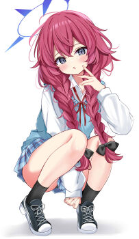Rule 34 | 1girl, absurdres, black bow, black shoes, black socks, blue archive, blue skirt, blue vest, bow, braid, collared shirt, commentary request, finger to cheek, full body, grey eyes, hair between eyes, hair bow, halo, hand up, highres, iroha (blue archive), long hair, long sleeves, looking at viewer, messy hair, nagomi yayado, purple halo, red hair, shirt, shoes, simple background, skirt, socks, solo, squatting, thighs, twin braids, vest, white background, white shirt