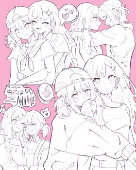 2girls aryorl azusawa_kohane baseball_cap blush closed_eyes closed_mouth collared_shirt commentary flying_sweatdrops greyscale_with_colored_background hair_ornament hairclip hat heart highres hug hug_from_behind jewelry multiple_girls necklace open_mouth pink_background project_sekai school_uniform serafuku shiraishi_an shirt smile spoken_heart spoken_squiggle squiggle yuri