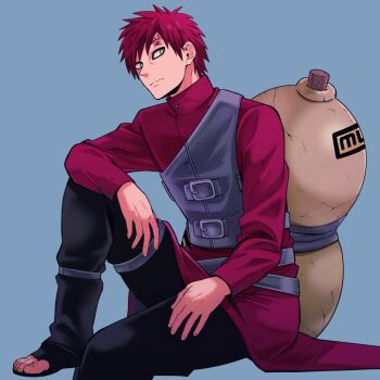 1boy black_pants blue_background closed_mouth forehead_tattoo gaara_(naruto) gourd green_eyes highres long_sleeves looking_to_the_side male_focus naruto_(series) naruto_shippuuden open-toe_shoes pants red_hair red_shirt sameccor shirt short_hair solo tattoo