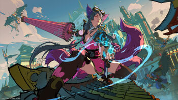 1girl 2024 animal_ears architecture armor artist_name black_gloves blue_sky breasts brown_thighhighs building casting_spell chimney city cityscape cloud copyright_notice day dutch_angle dynamic_pose east_asian_architecture fighting_stance fingerless_gloves floating_hair floral_print_thighhighs flying foreshortening fox_ears fox_girl fox_tail gloves goggles goggles_on_head gold_trim grey_hair hair_ornament highres holding holding_polearm holding_umbrella holding_weapon japanese_clothes kimono kitsune kyuubi long_hair looking_ahead looking_up medium_breasts multiple_tails on_roof original outdoors outstretched_arms people perspective pink_kimono pink_umbrella polearm print_umbrella red_eyes sash shoulder_armor sky smoke solo solo_focus squatting steampunk surrounded tabi tail tamamo_no_mae_(mythology) tengu thighhighs turning_around umbrella very_long_hair weapon yu_cheng_hong